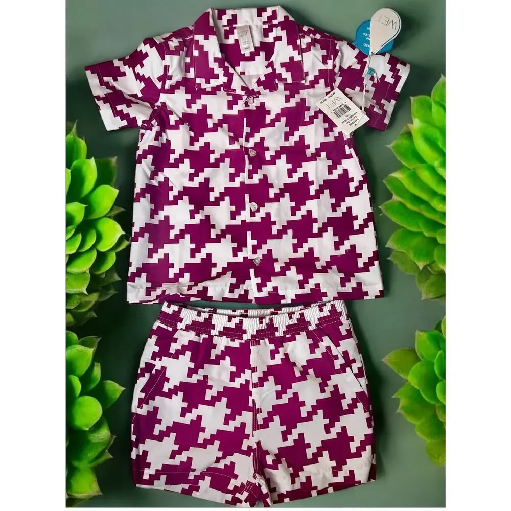 ☀️Minny Wet Swimwear Houndstooth Shirt & Short Carson Set Purple Kids 7Y-8Y NWT